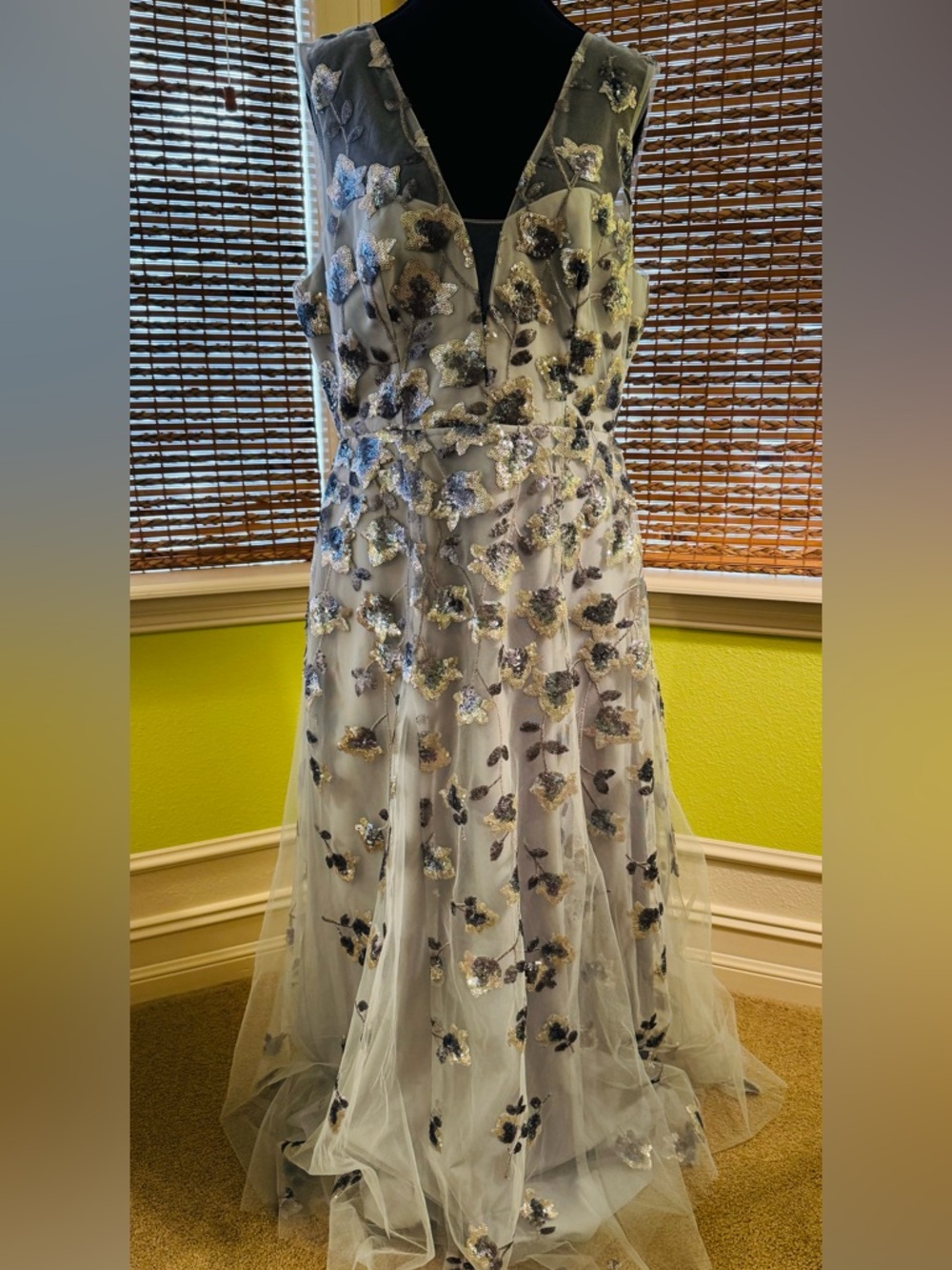 BCBGMaxAzria Ice Blue background tulle blues and Silver Sequin Floral Embroidery